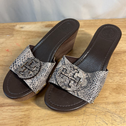 Tory Burch Brown/ Grey Patti Snakeskin Leather Platform Wedge Slide Sandals 7.5