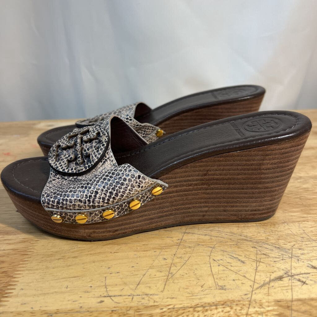 Tory Burch Brown/ Grey Patti Snakeskin Leather Platform Wedge Slide Sandals 7.5