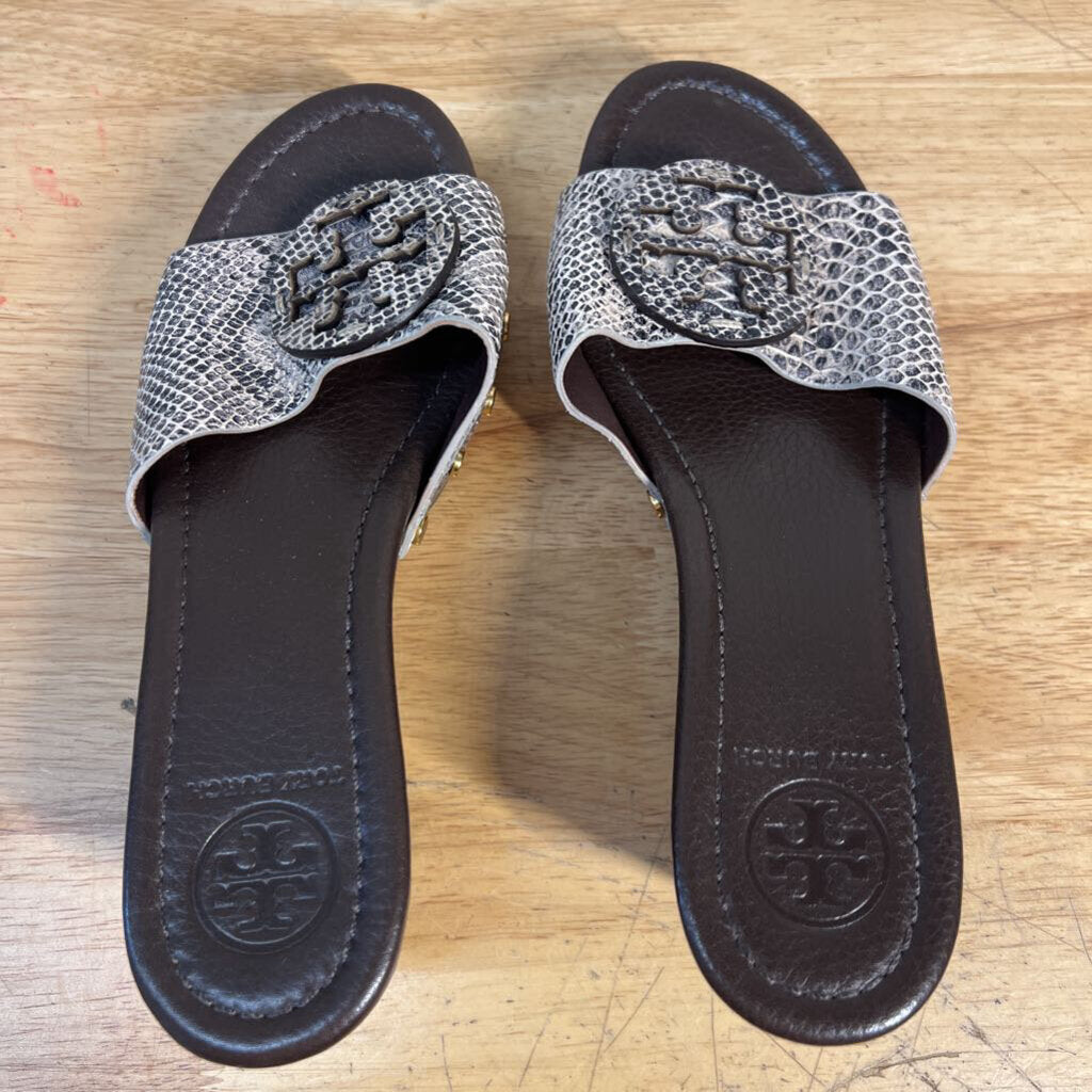 Tory Burch Brown/ Grey Patti Snakeskin Leather Platform Wedge Slide Sandals 7.5