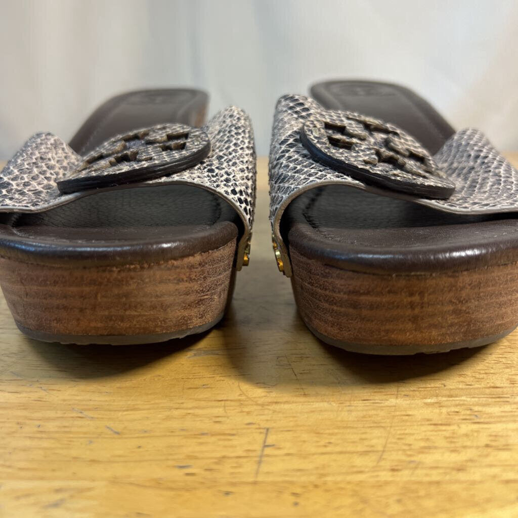 Tory Burch Brown/ Grey Patti Snakeskin Leather Platform Wedge Slide Sandals 7.5