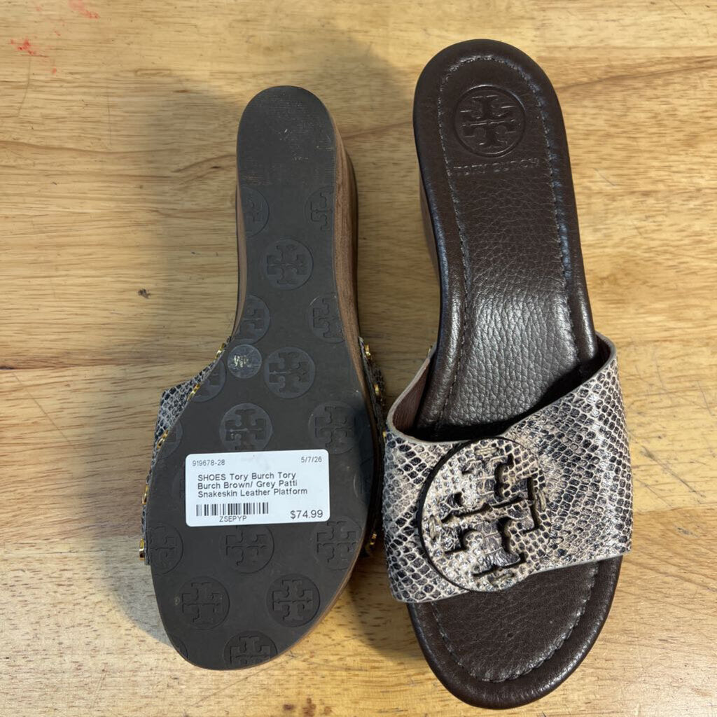 Tory Burch Brown/ Grey Patti Snakeskin Leather Platform Wedge Slide Sandals 7.5