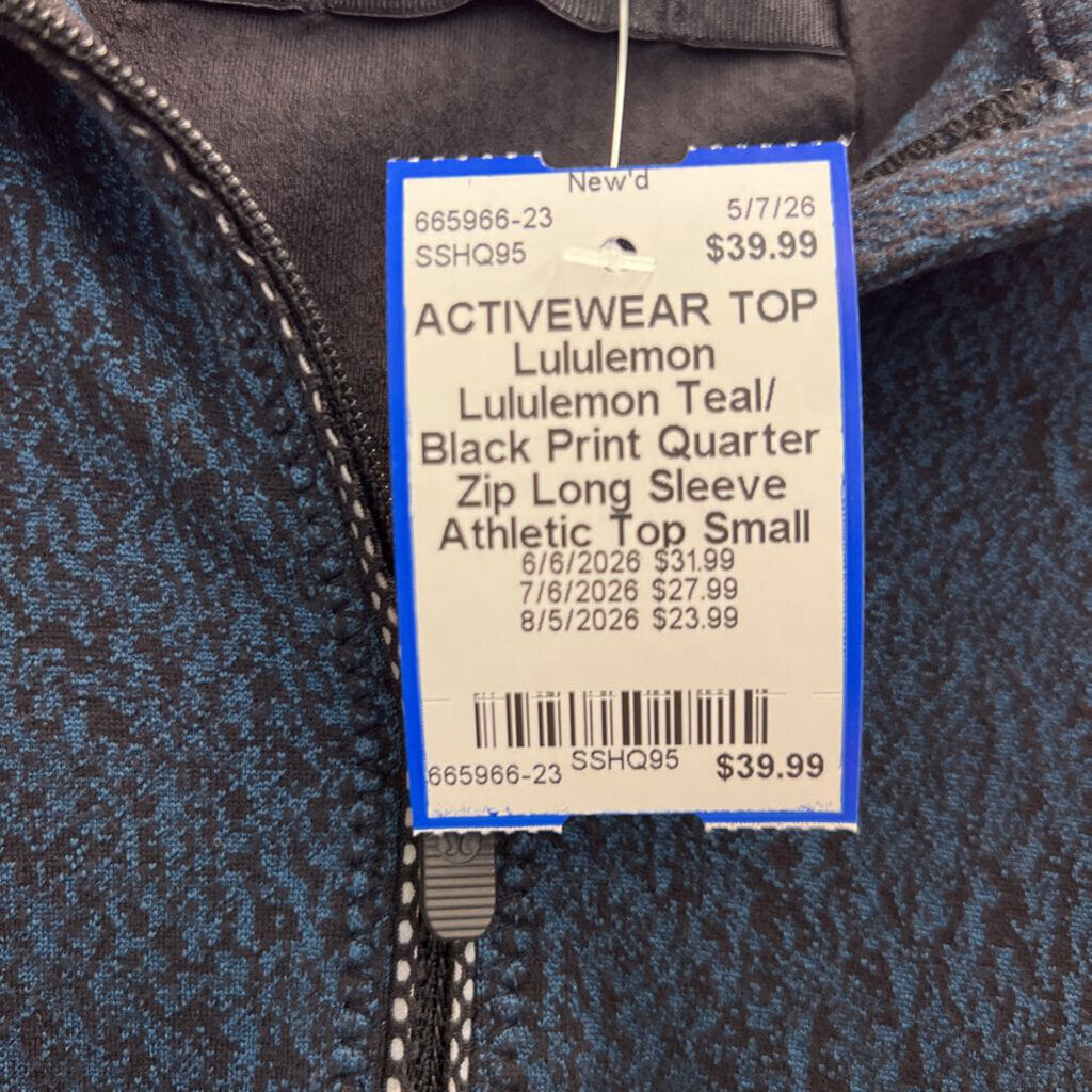 Lululemon Teal/ Black Print Quarter Zip Long Sleeve Athletic Top Small