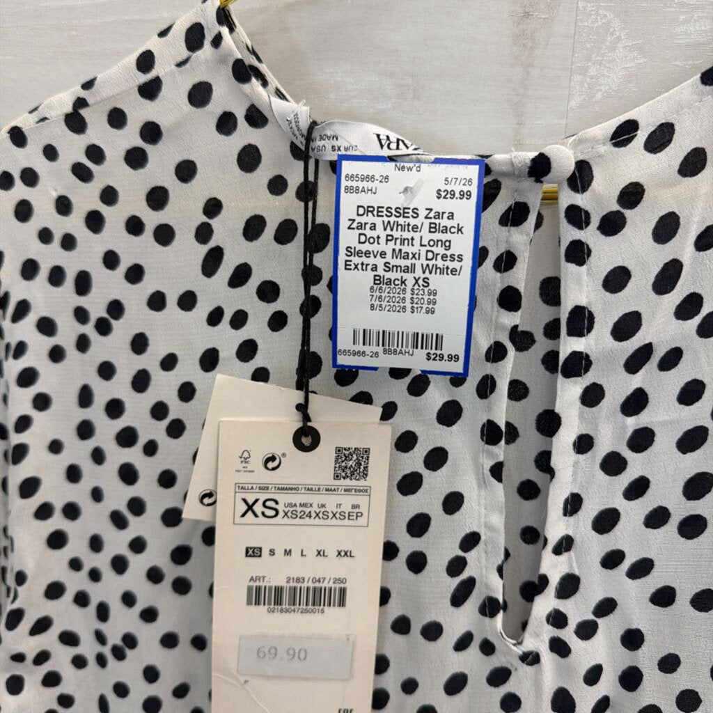 Zara White/ Black Dot Print Long Sleeve Maxi Dress Extra Small