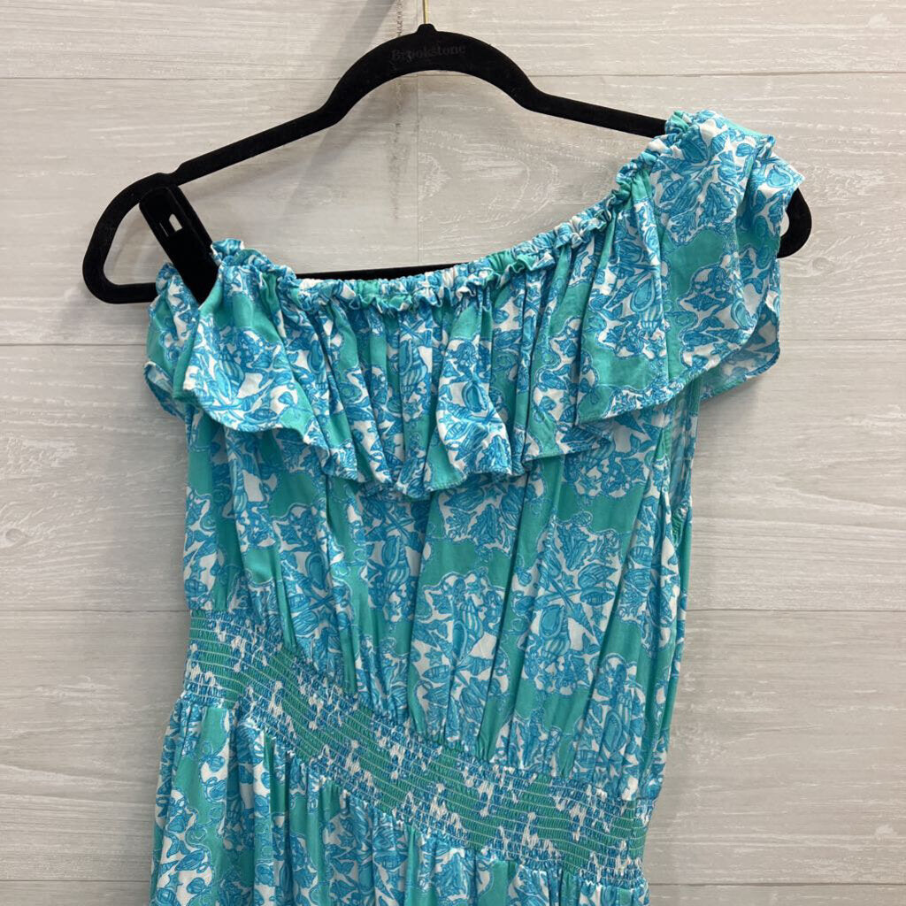 Lilly Pulitzer Blue Print Ruffle One Shoulder Dress Large