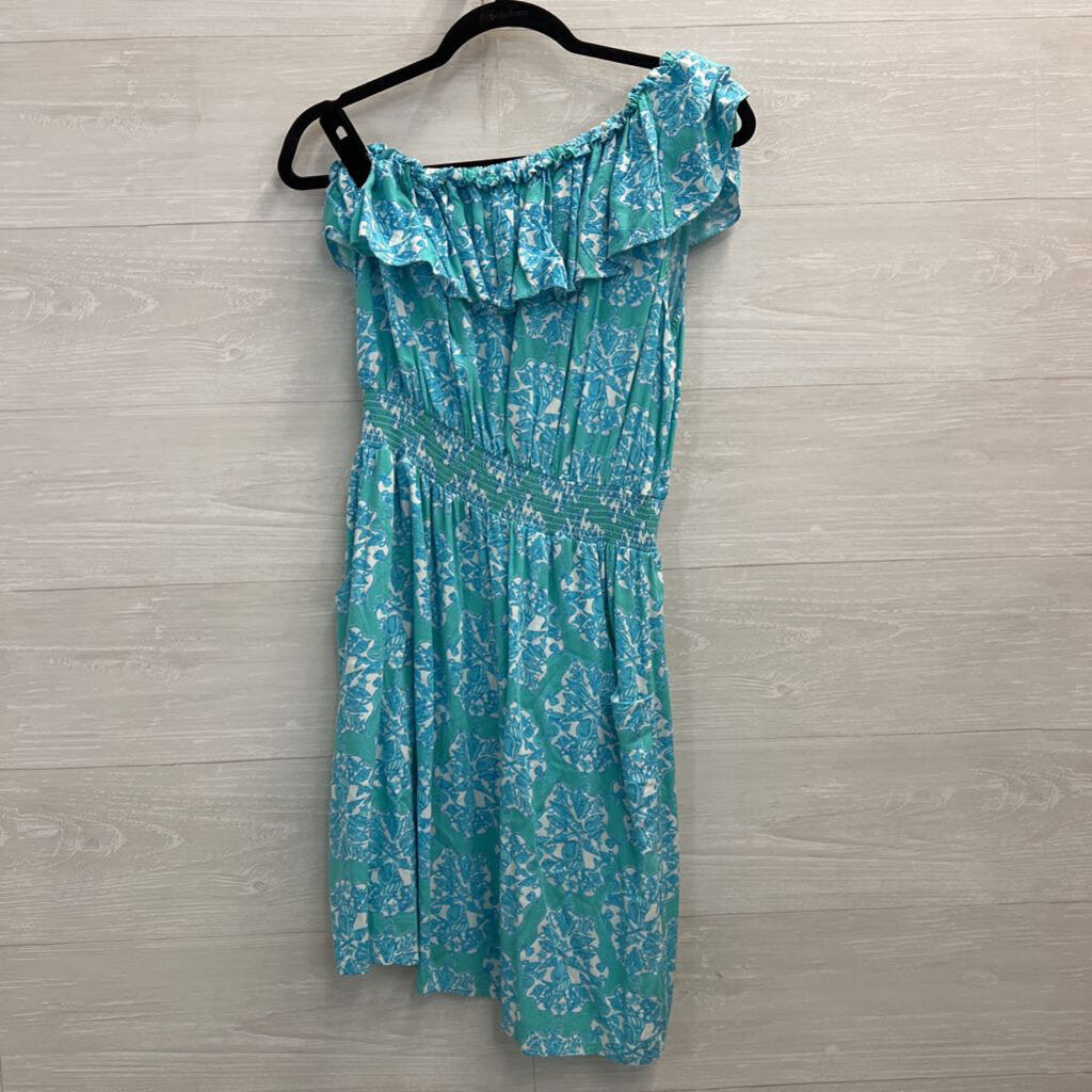 Lilly Pulitzer Blue Print Ruffle One Shoulder Dress Large