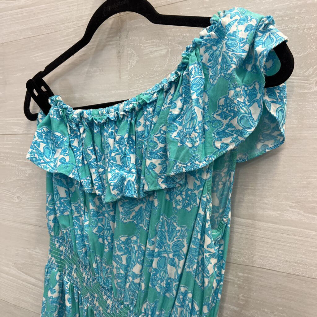 Lilly Pulitzer Blue Print Ruffle One Shoulder Dress Large
