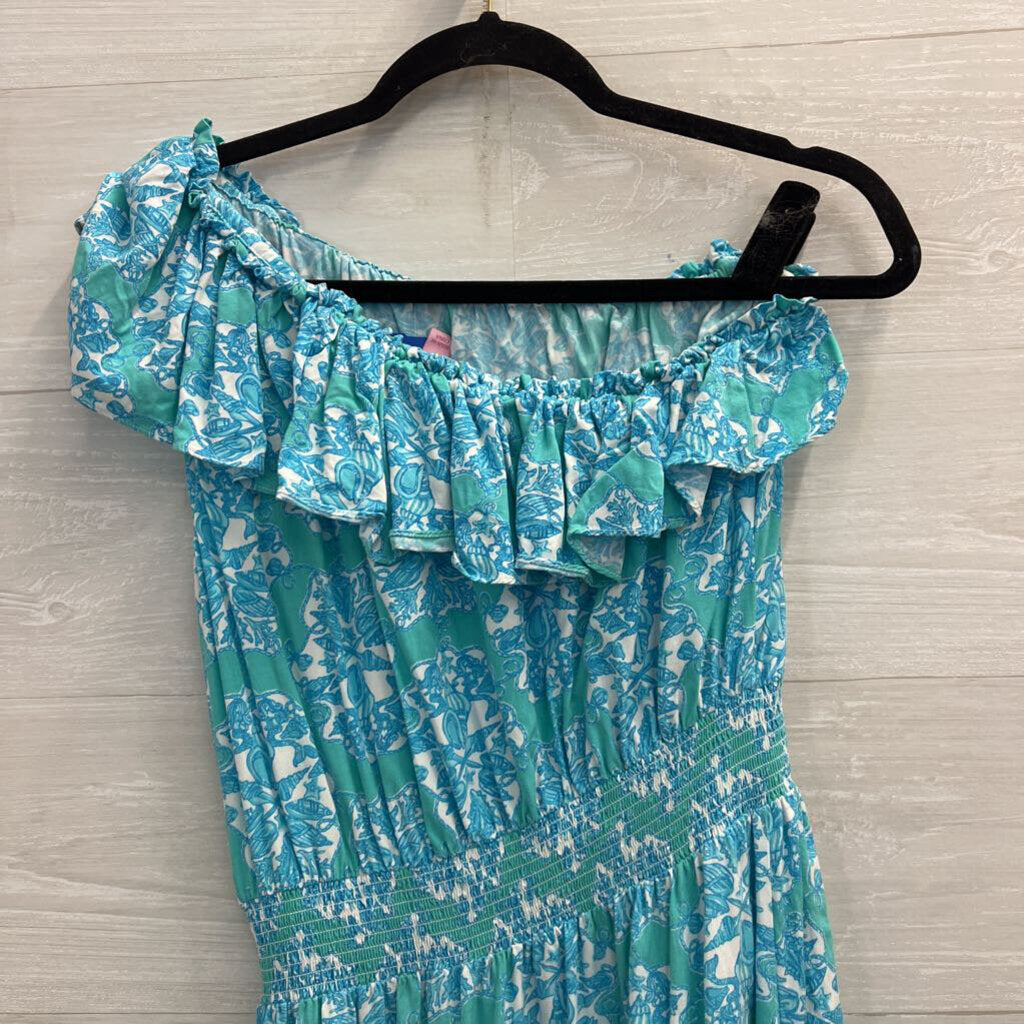 Lilly Pulitzer Blue Print Ruffle One Shoulder Dress Large