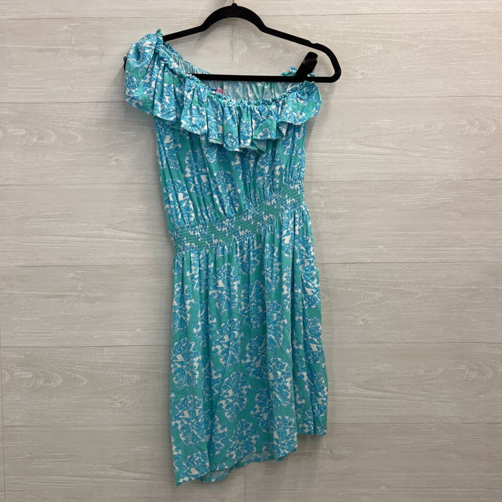 Lilly Pulitzer Blue Print Ruffle One Shoulder Dress Large