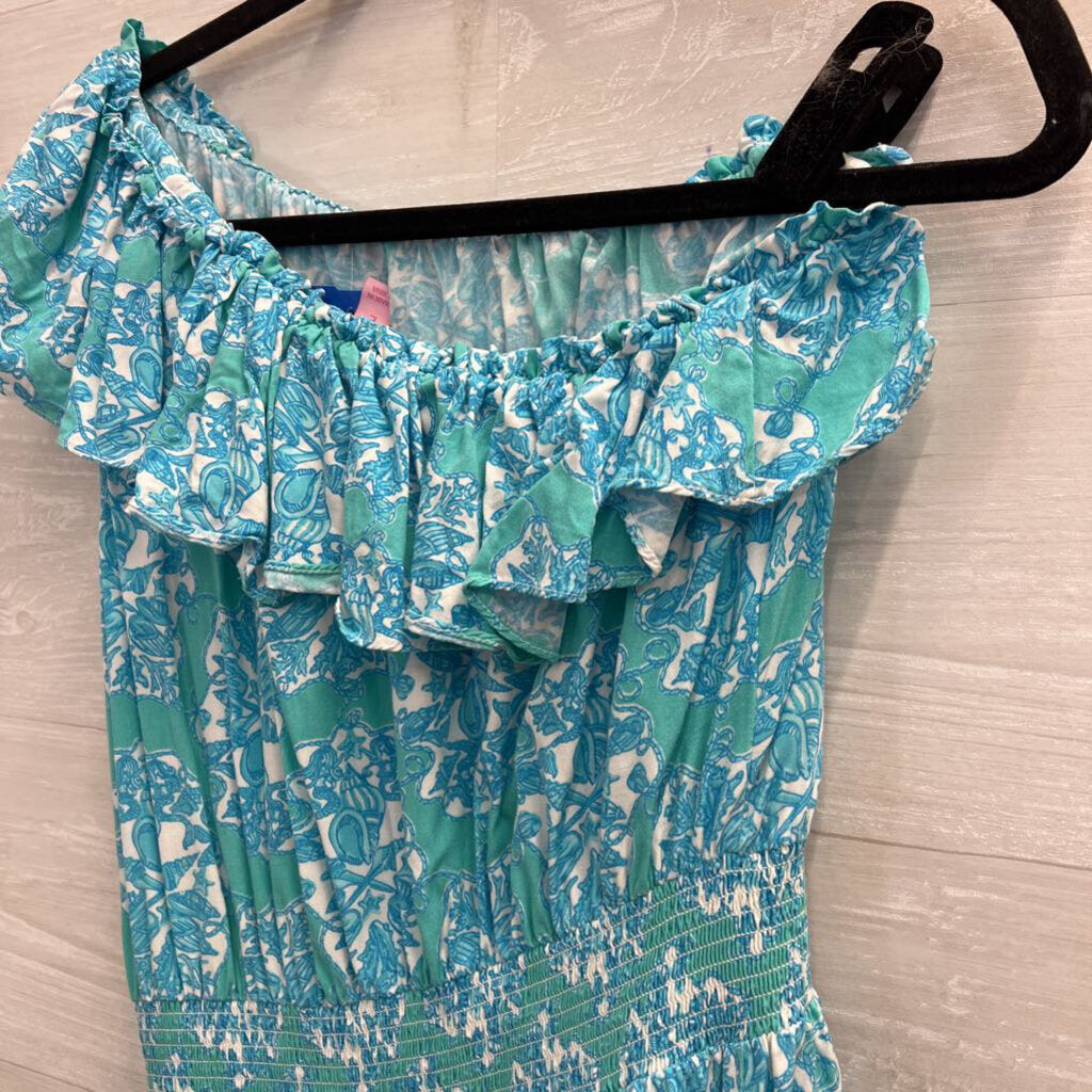 Lilly Pulitzer Blue Print Ruffle One Shoulder Dress Large
