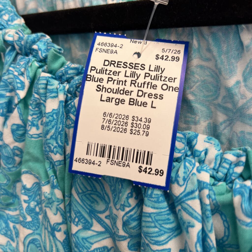 Lilly Pulitzer Blue Print Ruffle One Shoulder Dress Large