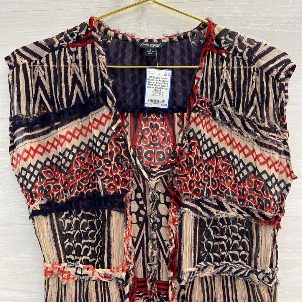 Lucky Brand Navy/ Beige/ Red Print Short Sleeve Dress Small