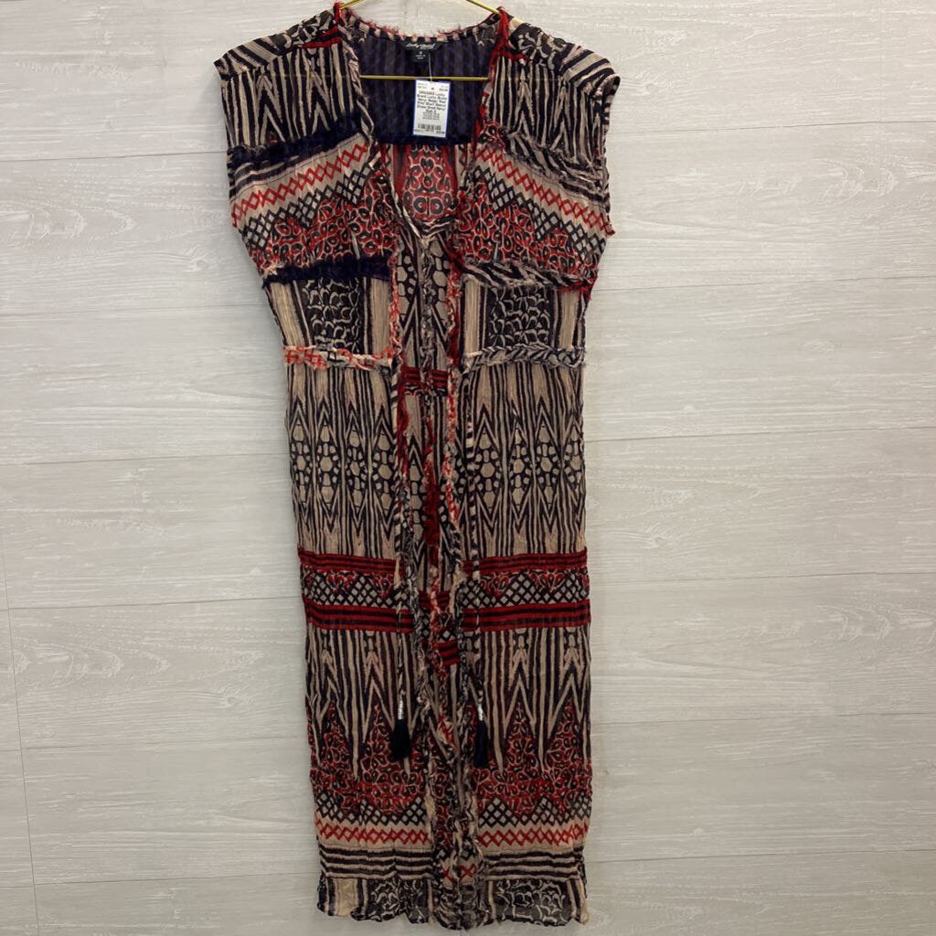Lucky Brand Navy/ Beige/ Red Print Short Sleeve Dress Small