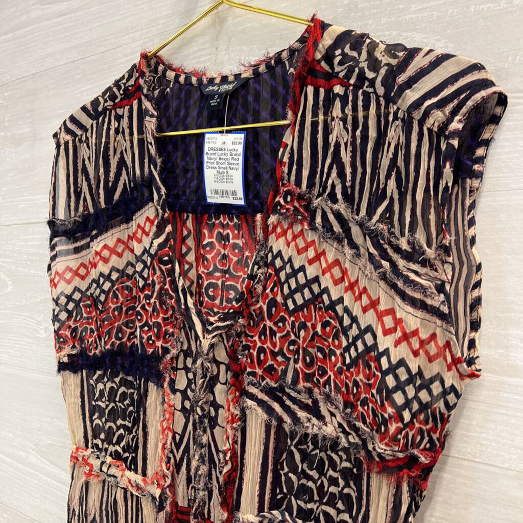 Lucky Brand Navy/ Beige/ Red Print Short Sleeve Dress Small