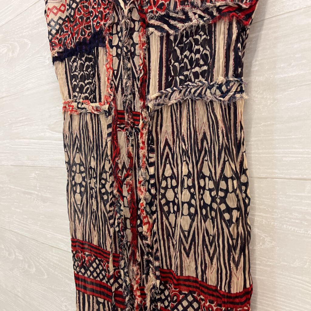 Lucky Brand Navy/ Beige/ Red Print Short Sleeve Dress Small