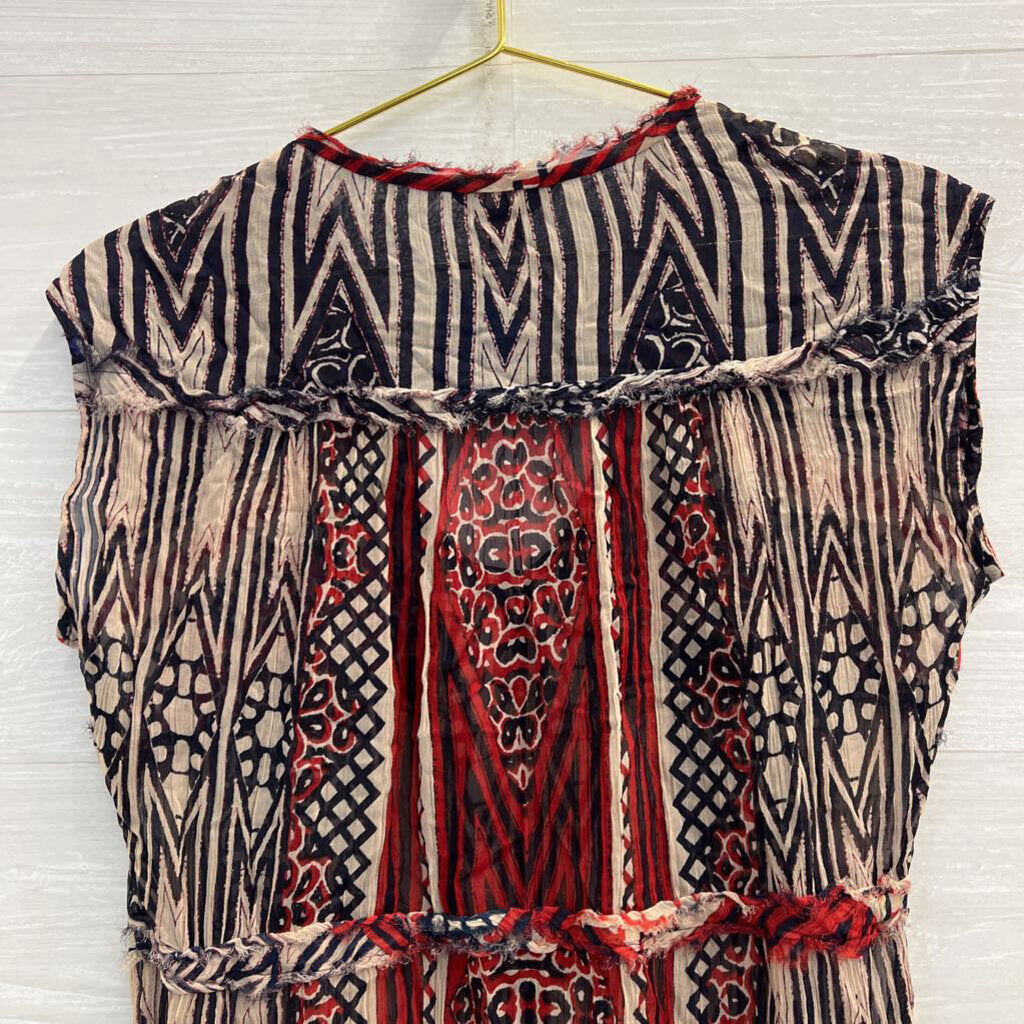 Lucky Brand Navy/ Beige/ Red Print Short Sleeve Dress Small