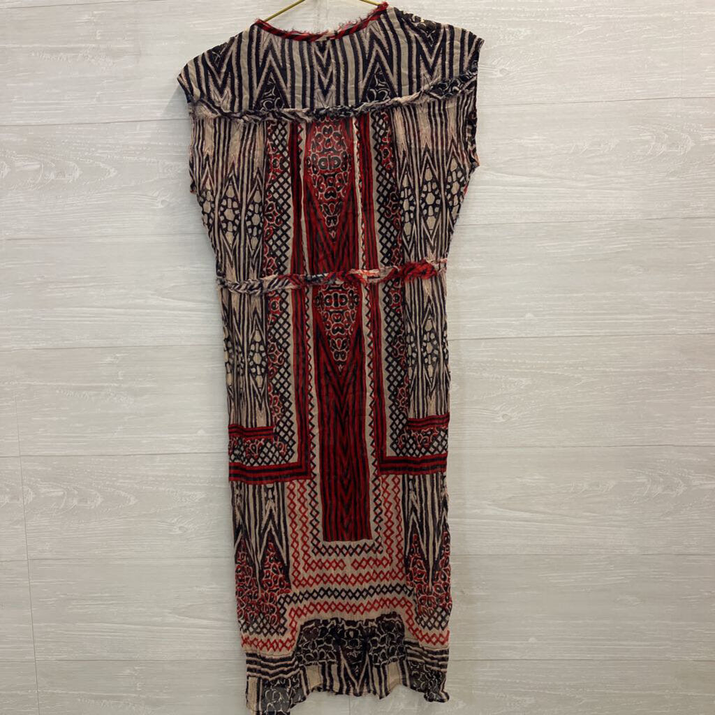 Lucky Brand Navy/ Beige/ Red Print Short Sleeve Dress Small