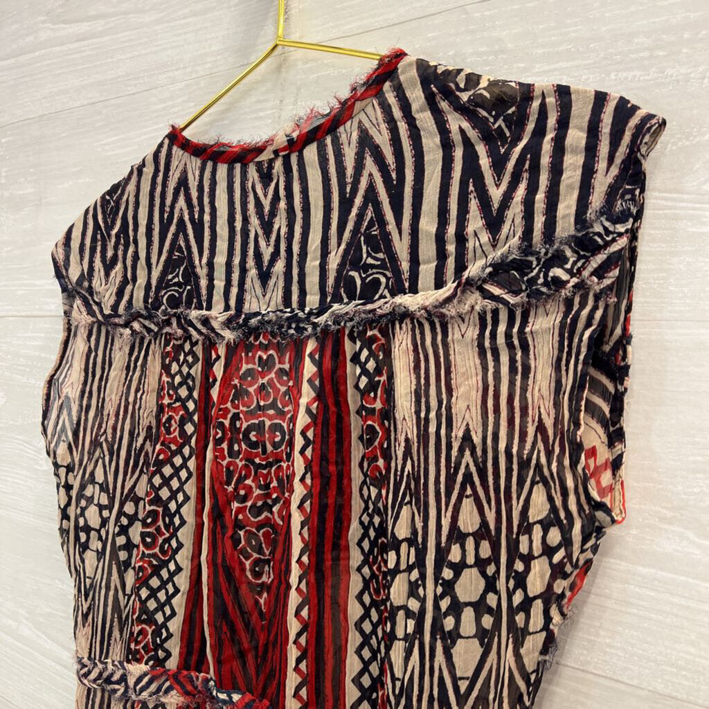 Lucky Brand Navy/ Beige/ Red Print Short Sleeve Dress Small