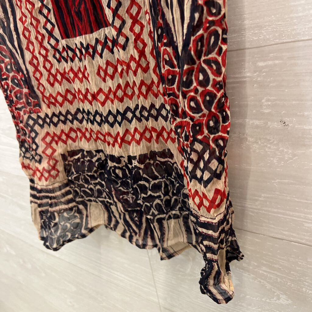 Lucky Brand Navy/ Beige/ Red Print Short Sleeve Dress Small
