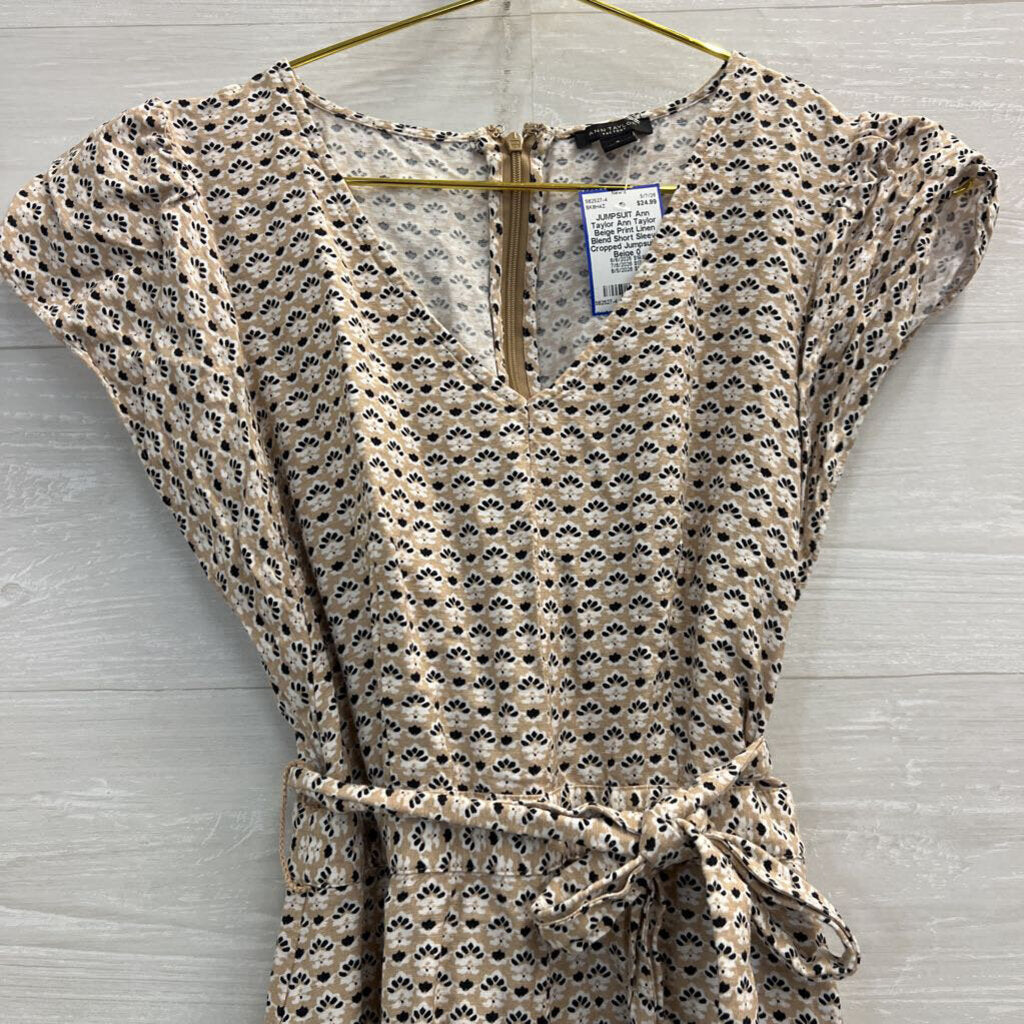 Ann Taylor Beige Print Linen Blend Short Sleeve Cropped Jumpsuit 0