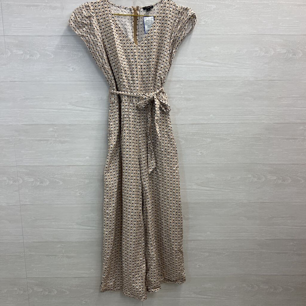 Ann Taylor Beige Print Linen Blend Short Sleeve Cropped Jumpsuit 0