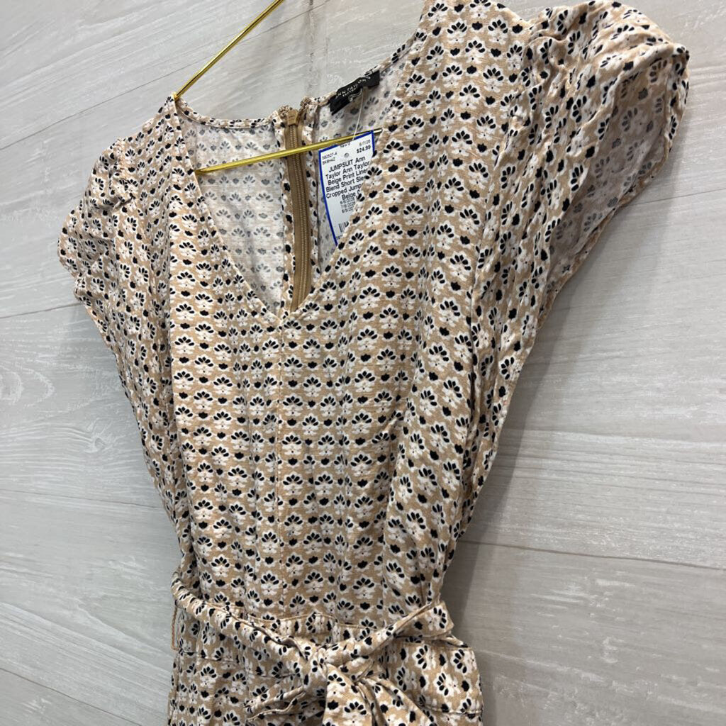 Ann Taylor Beige Print Linen Blend Short Sleeve Cropped Jumpsuit 0