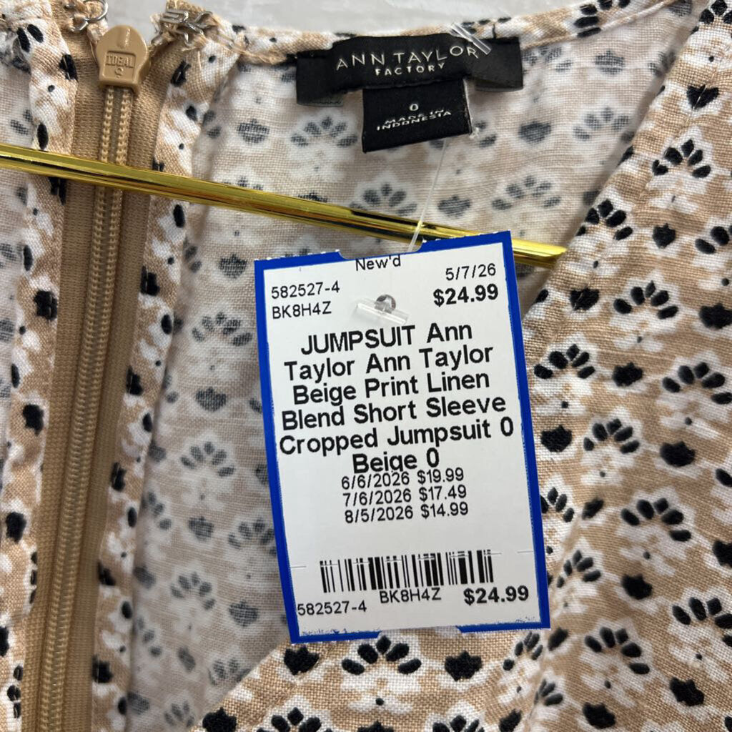 Ann Taylor Beige Print Linen Blend Short Sleeve Cropped Jumpsuit 0