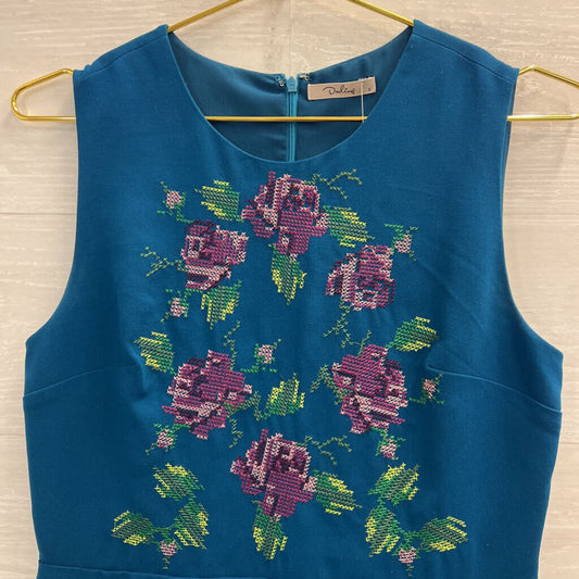 Darling Blue/ Multi Cross Stitch Print Sleeveless Dress Small