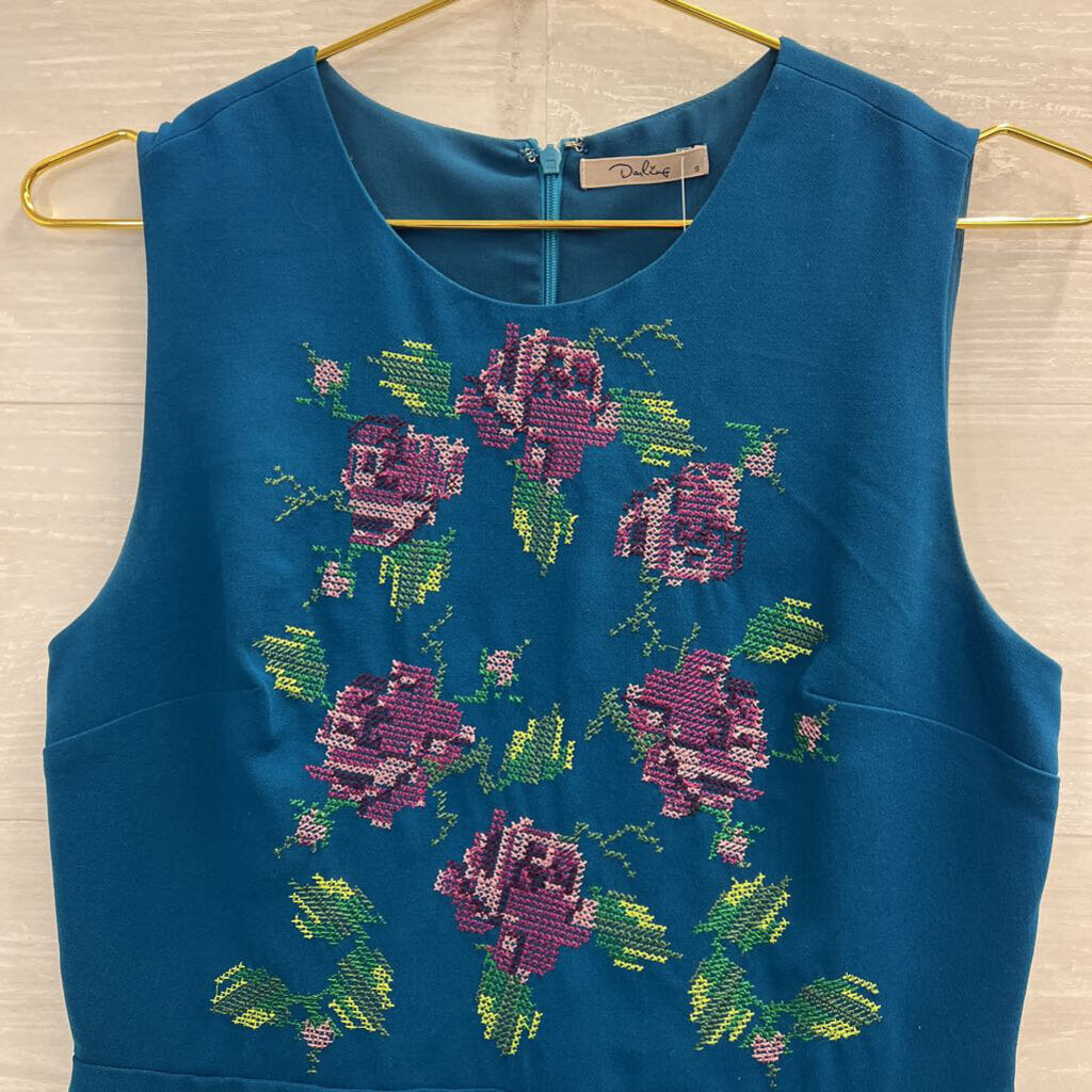 Darling Blue/ Multi Cross Stitch Print Sleeveless Dress Small