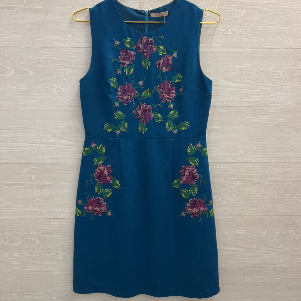Darling Blue/ Multi Cross Stitch Print Sleeveless Dress Small