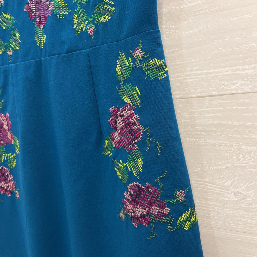 Darling Blue/ Multi Cross Stitch Print Sleeveless Dress Small