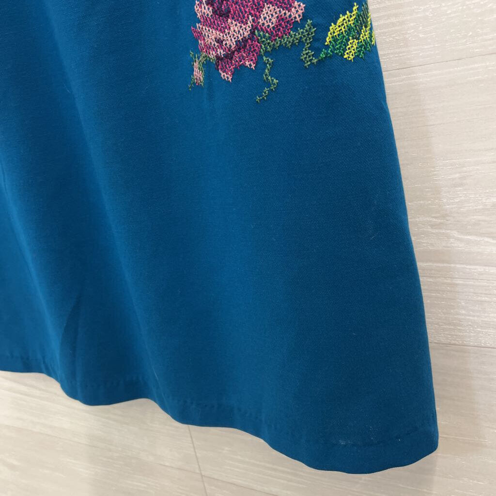 Darling Blue/ Multi Cross Stitch Print Sleeveless Dress Small