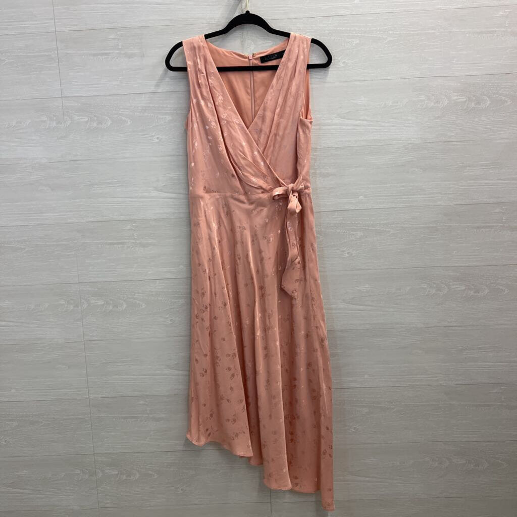 Ralph Lauren Pink Floral Print Silky Sleeveless Faux Wrap Dress 6