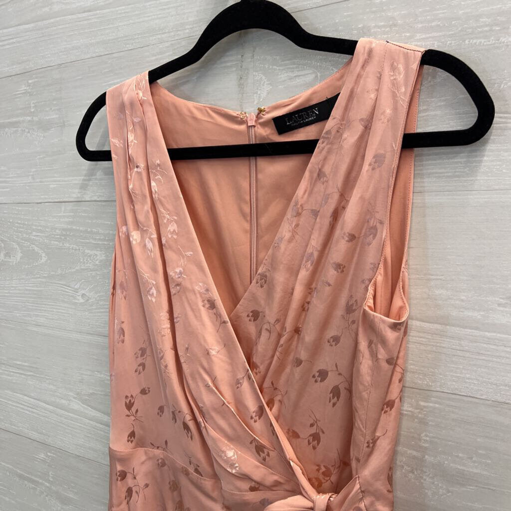 Ralph Lauren Pink Floral Print Silky Sleeveless Faux Wrap Dress 6