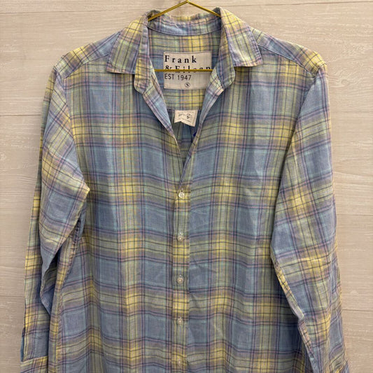 Frank and Eileen Blue/ Purple/ Yellow Plaid 100% Linen Long Sleeve Button Down Dress Small