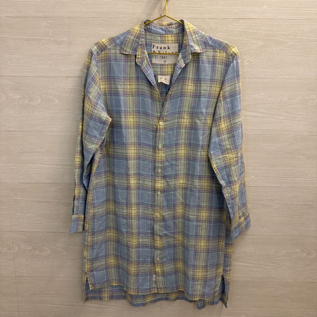 Frank and Eileen Blue/ Purple/ Yellow Plaid 100% Linen Long Sleeve Button Down Dress Small