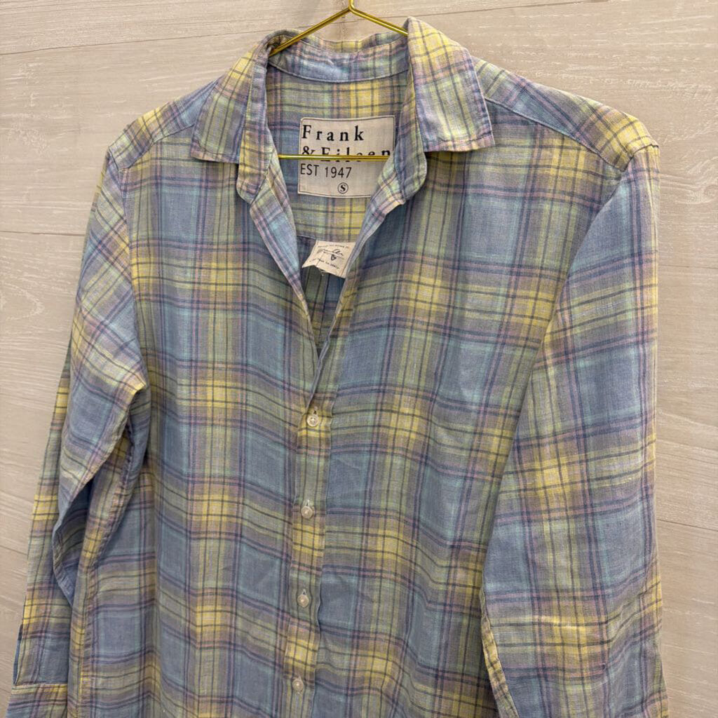 Frank and Eileen Blue/ Purple/ Yellow Plaid 100% Linen Long Sleeve Button Down Dress Small