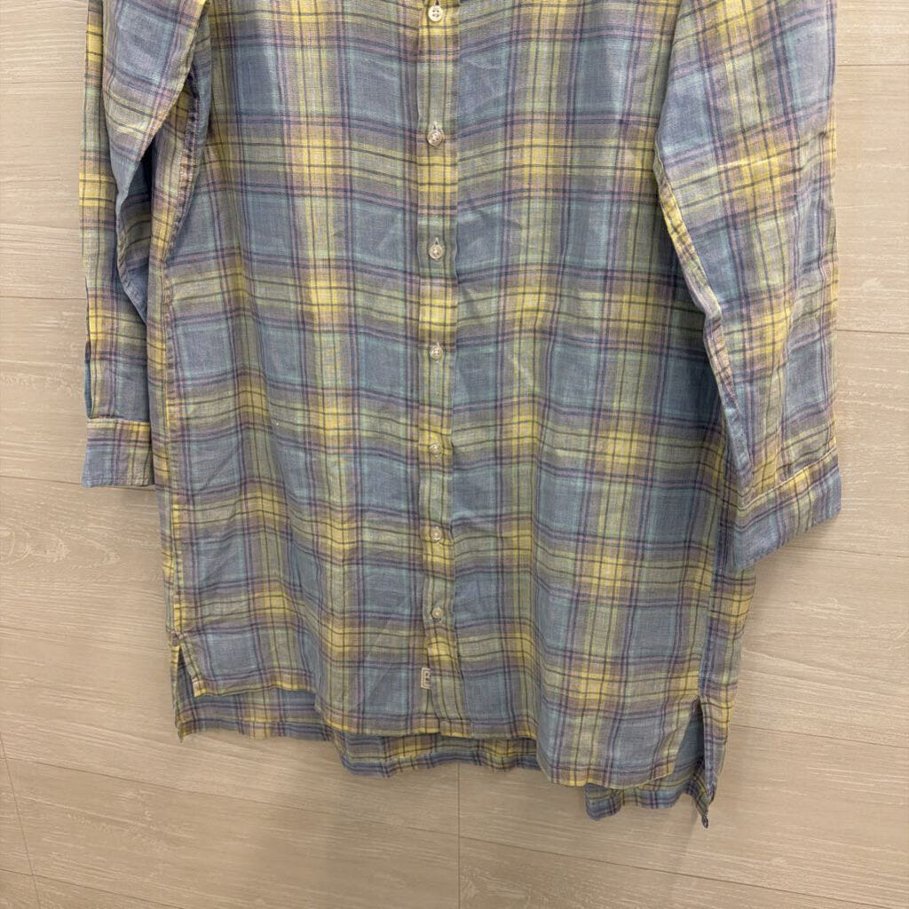 Frank and Eileen Blue/ Purple/ Yellow Plaid 100% Linen Long Sleeve Button Down Dress Small