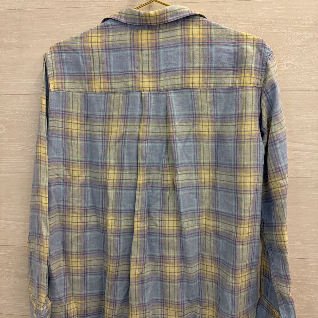 Frank and Eileen Blue/ Purple/ Yellow Plaid 100% Linen Long Sleeve Button Down Dress Small