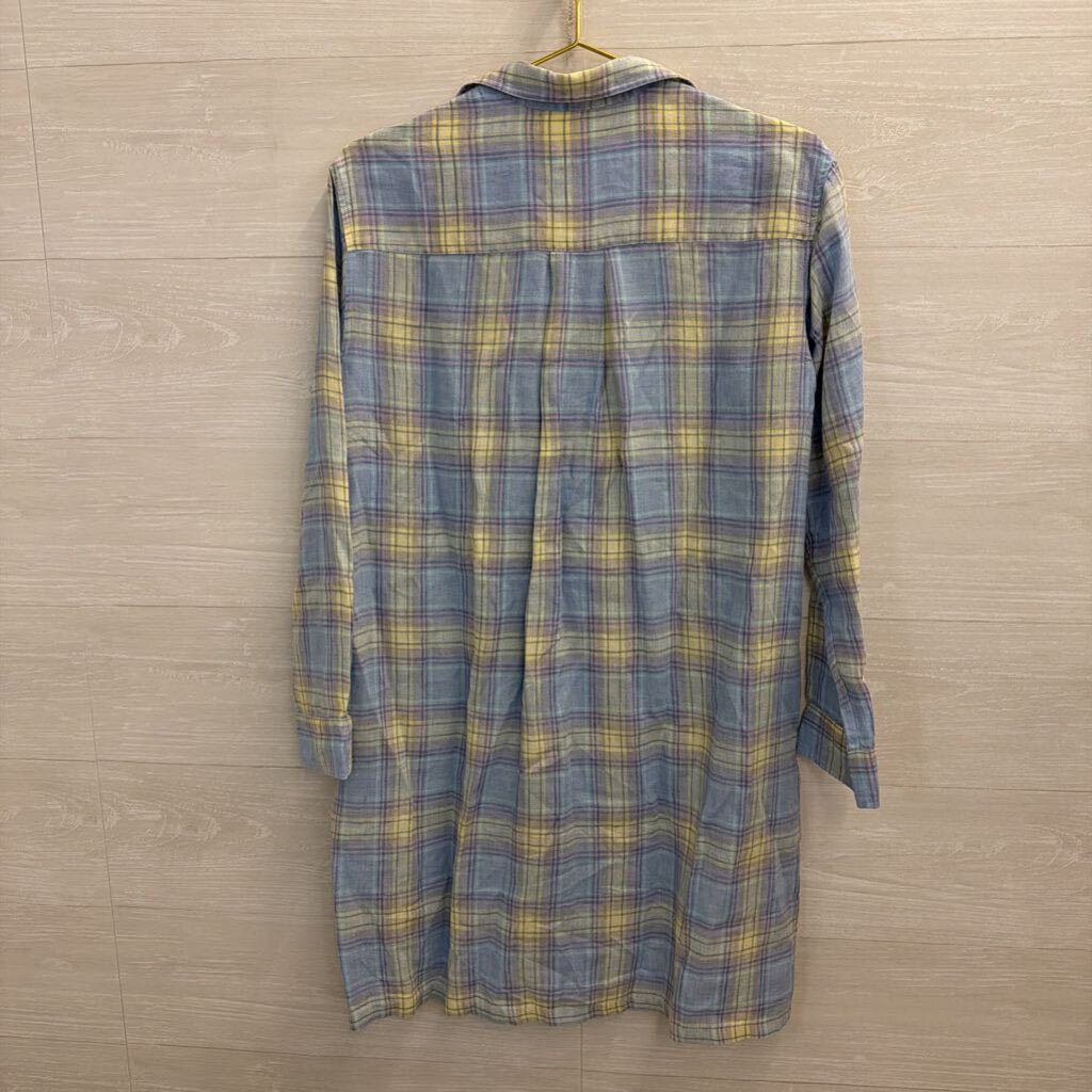 Frank and Eileen Blue/ Purple/ Yellow Plaid 100% Linen Long Sleeve Button Down Dress Small