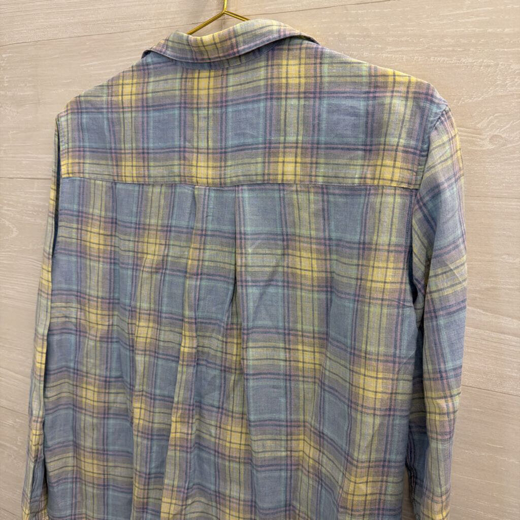 Frank and Eileen Blue/ Purple/ Yellow Plaid 100% Linen Long Sleeve Button Down Dress Small