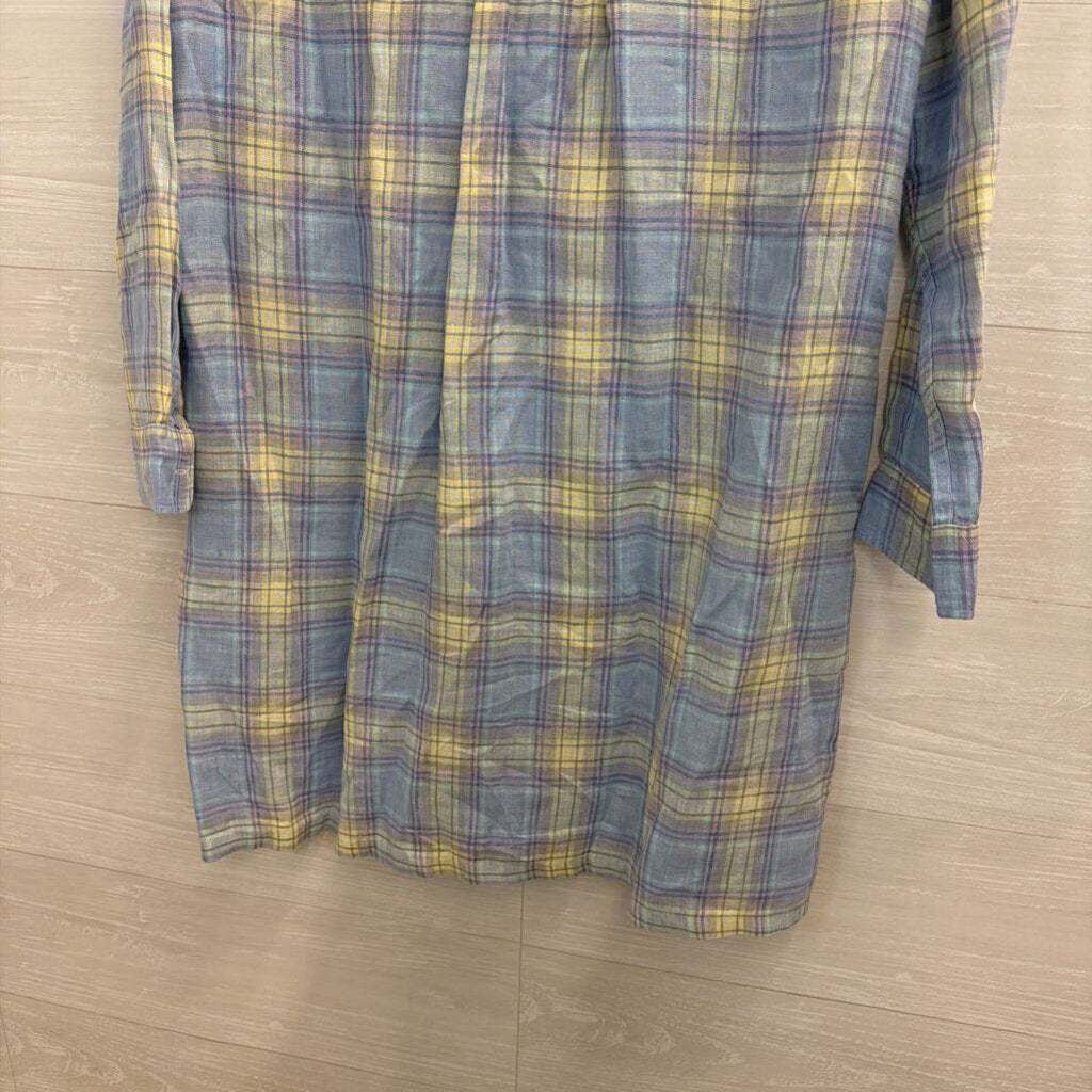 Frank and Eileen Blue/ Purple/ Yellow Plaid 100% Linen Long Sleeve Button Down Dress Small