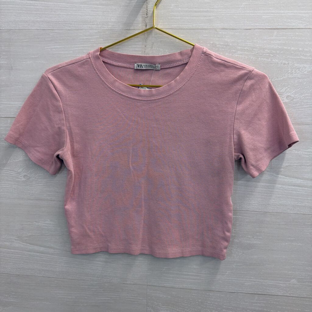 Zara Pink Cropped Short Sleeve Top Medium