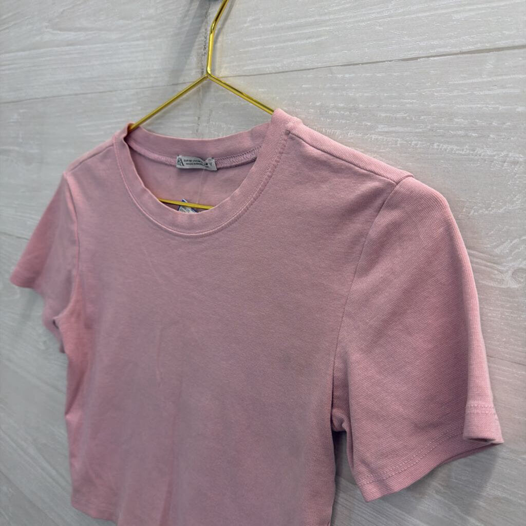 Zara Pink Cropped Short Sleeve Top Medium