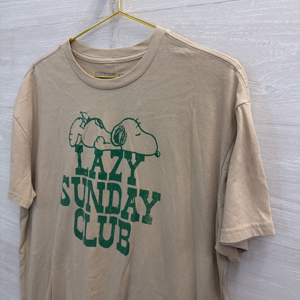 Peanuts Beige/ Green Lazy Sunday Short Sleeve Graphic Tee Large
