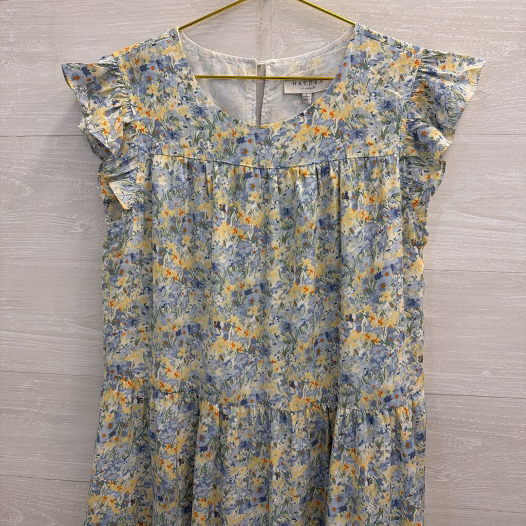 Hayden Blue Floral Print Short Sleeve Dress Large