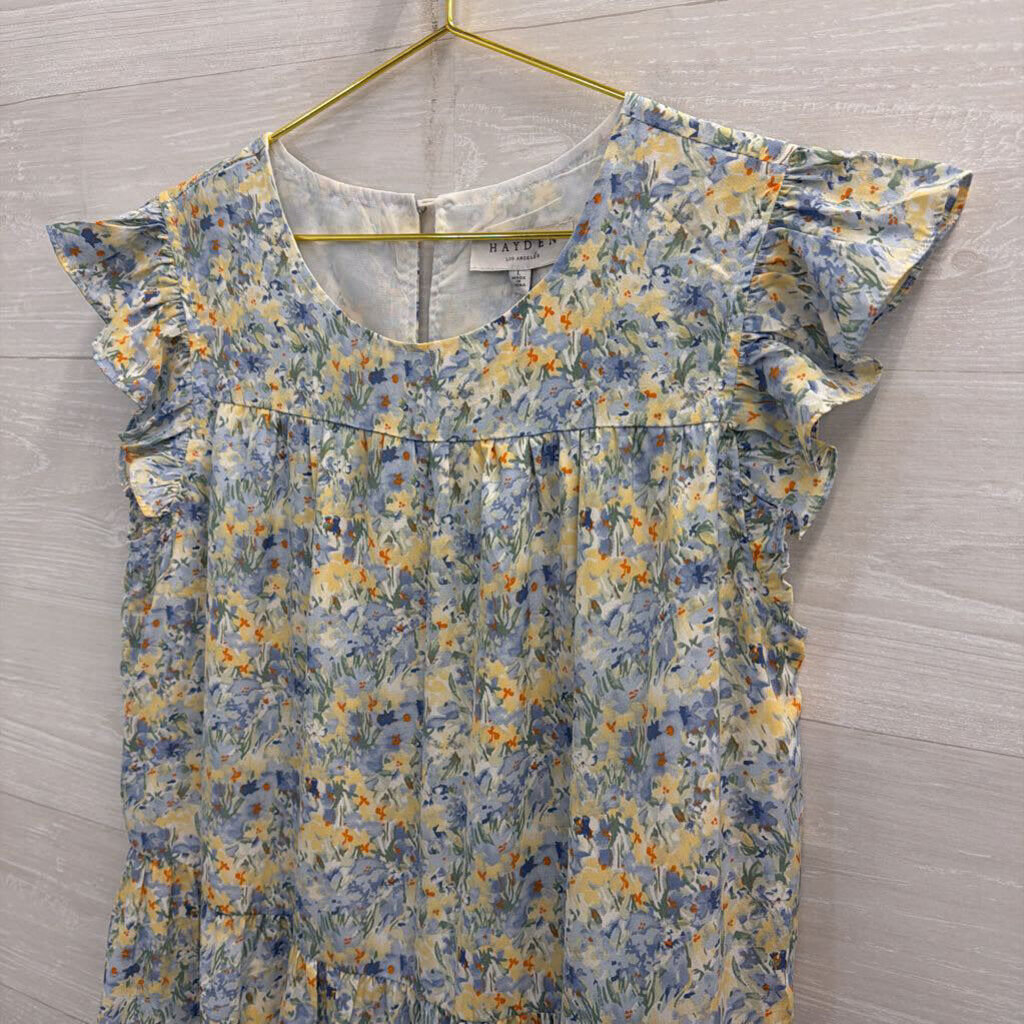 Hayden Blue Floral Print Short Sleeve Dress Large