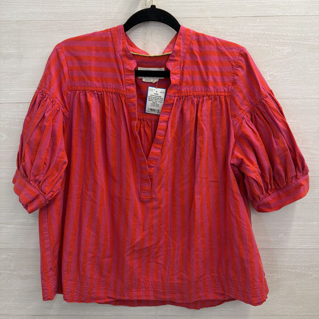 Anthropologie Pink Striped Short Puff Sleeve Top Large