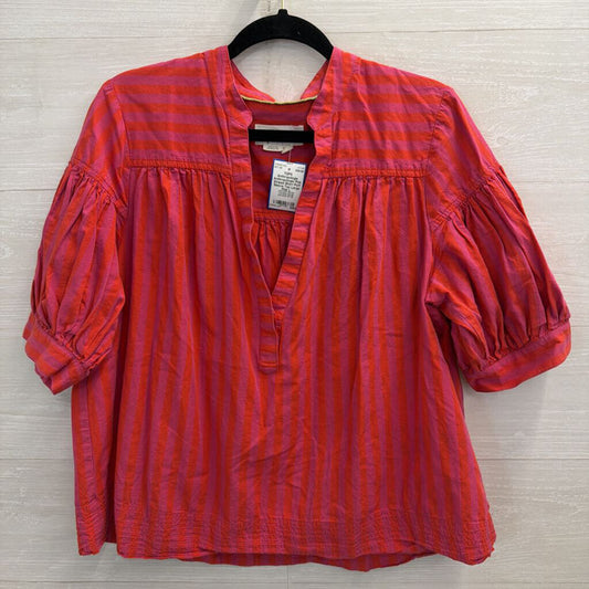 Anthropologie Pink Striped Short Puff Sleeve Top Large