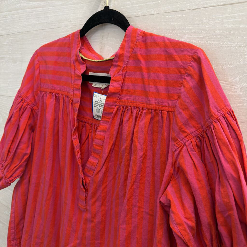 Anthropologie Pink Striped Short Puff Sleeve Top Large