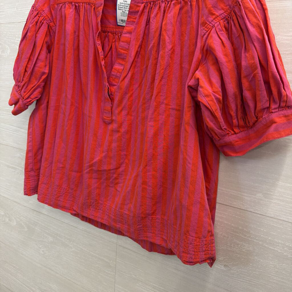 Anthropologie Pink Striped Short Puff Sleeve Top Large